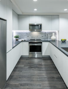 Gray hardwood floors in kitchen