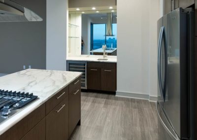 Kitchen and bathroom of modern condo with wood flooring